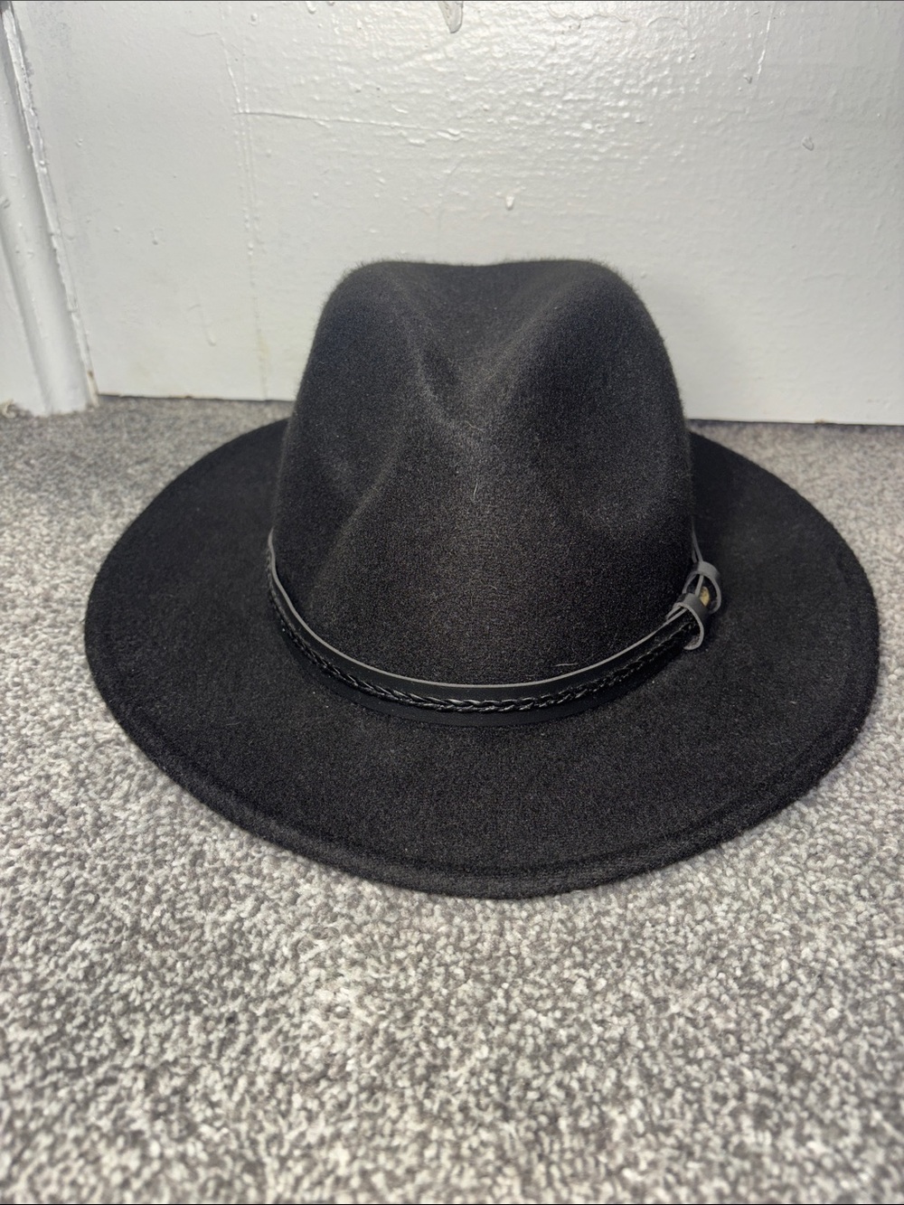 Black Felt Fedora Hat with Leather Band - Women’s 22” circumference